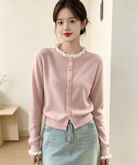 가을 겨울 새로운 달콤함 프릴 싱글 줄 버튼 니트 오픈 가디건 여성 한 부서 작은 샤넬 스타일 스웨터 코트