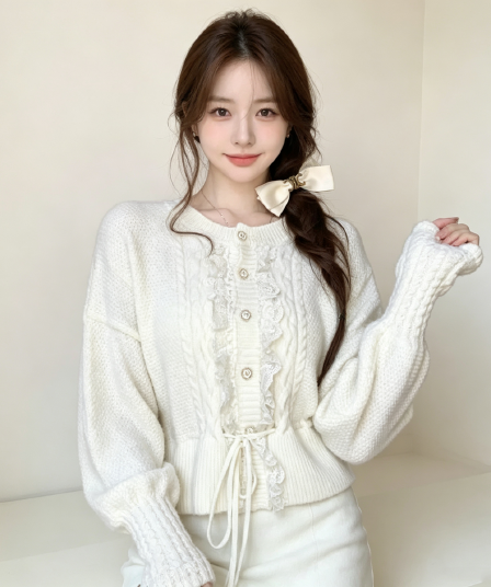 프랑스식 가을 겨울 새로운 중년 자수 궁정 천 골드 센스 레이스 레이스업 스웨터 코트