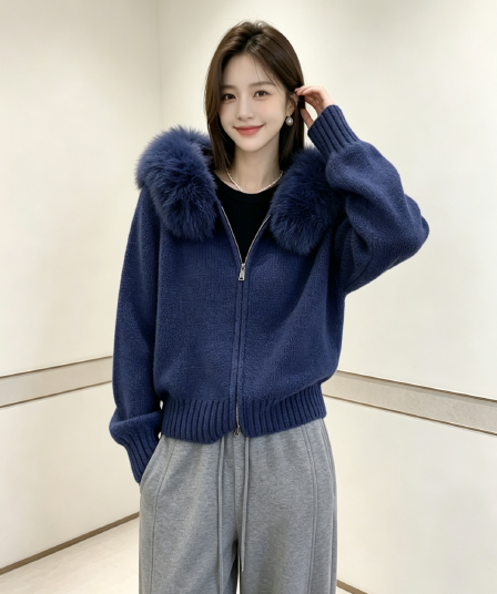 분위기 센스 느긋한 윈디 모피 칼라 후드 스웨터 여성 코트 가을 겨울 새로운 니트 오픈 가디건 맨위