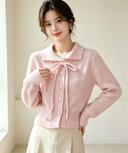 부드러운 핑크색 레이스업 나비 매듭 홀로우 아웃 니트 오픈 가디건 여성 가을 겨울 루즈핏 느긋한 폴로 칼라 맨위