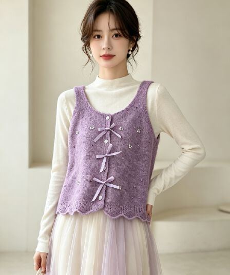 달콤함 나비 매듭 비즈 박기 니트 베스트 부드러운 찹쌀 향기로운 芋 보라색 라운드 칼라 플라워 외부 가져 가라. 스택 착용 민소매 스웨터 맨위