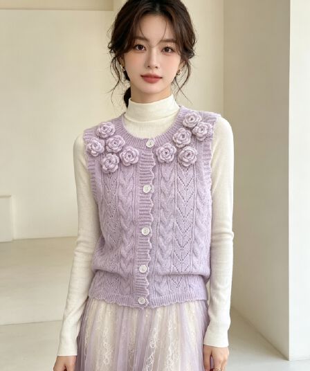 실사 한 부서 달콤함 3 차원 꽃 라운드 넥 니트 오픈 가디건 스택 착용 조끼 조끼 여자 가을 겨울 외부 잡아라. 의류