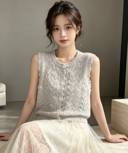 실사 한 부서 달콤함 싱글 줄 버튼 라운드 넥 니트 작은 열림 셔츠 스택 착용 조끼 조끼 여자 가을 겨울 외부 잡아라. 의류