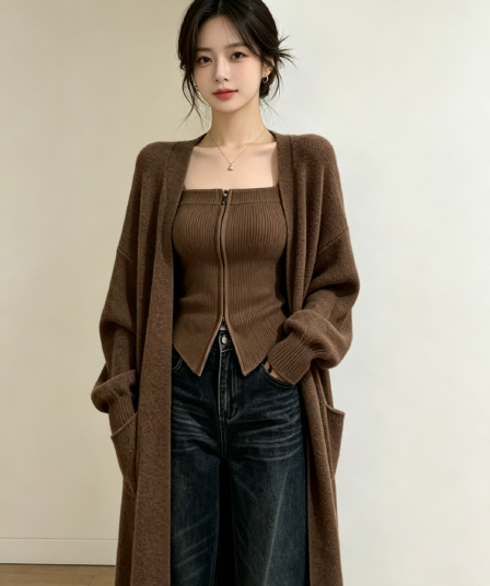 한 부서 느긋한 롱 코트 니트 오픈 가디건 여성 와이드 부드러운 찹쌀 무릎 아래 스웨터 코트 인사이드 가져 가라. 지퍼 튜브탑 투피스 세트