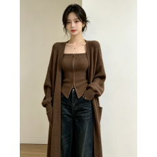 批发韩系慵懒长款针织开衫女宽松软糯过膝毛衣<b class='q'>外套</b>内搭拉链抹胸两件套
