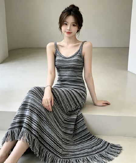 동대문 가을 새로운 패션 혼합 색상 스트라이프 니트 슬립 여성 드레스 프랑스식 술 타이트 스커트 길다 치마