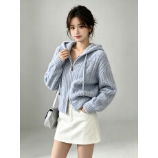 批发慵懒风灰色抽绳连帽拉链毛衣<b class='q'>外套</b>女秋冬外搭宽松软糯针织开衫