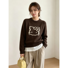 批发韩系圆领卡通提花针织衫<b class='q'>女</b><b class='q'>毛衣</b>甜酷穿搭上衣学院风拼色秋冬加厚