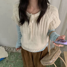 批发韩国东大门秋冬新款抽绳系带纯色粗针套头短袖针织衫