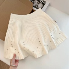 批发广州十三行女装~烫钻百褶纹针织半身裙~<b class='q'>春</b>秋冬高腰A字显瘦短裙子