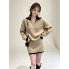 批发UM撞色Polo领针织毛衣套装女<b class='q'>秋</b>季穿搭2026新款休闲半身短裙两件套