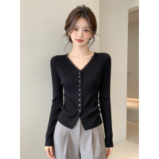 批发秋季新款女士修身v领针织开衫女显瘦单排扣紫色长袖外套<b class='q'>春</b>秋上衣
