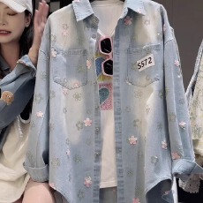批发2026春季新款浪漫花朵牛仔<b class='q'>衬衫</b>女宽松显瘦百搭休闲长袖<b class='q'>衬衣</b>上衣潮