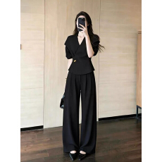 批发淡人高知穿搭老钱风休闲黑色v领收腰<b class='q'>西装</b>外套阔腿裤<b class='q'>套装</b>女2026春