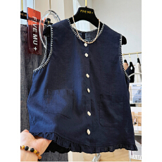 批发棉麻独特重工特种绣木耳边外穿马甲背心女夏季薄无袖上衣小衫