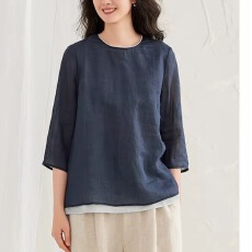 批发拼接撞色棉麻衬衣女2026春夏圆领蓝色衬衣宽松休闲简约上衣