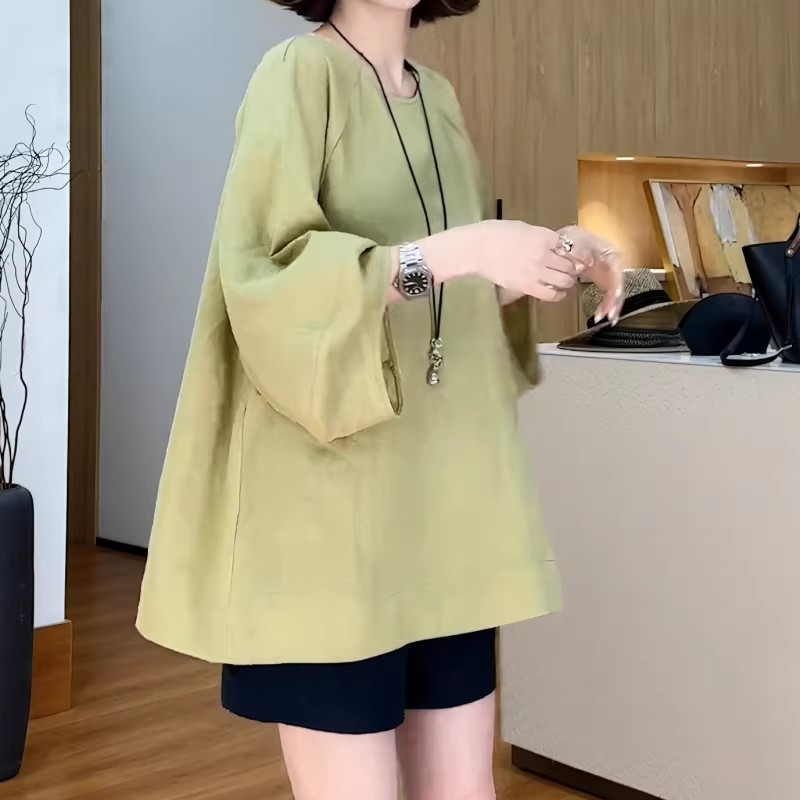 빅 사이즈 여성 의류 유럽 상품 라운드 넥 배트윙 소매 면 린넨 티셔츠 새로운 루즈핏 표지 배 슬림해 보이는 9부 소매 맨위