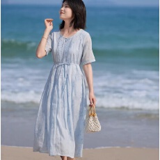 批发非实拍夏季新款棉麻圆领短袖中长款<b class='q'>连衣裙</b>系带显瘦轻盈透气