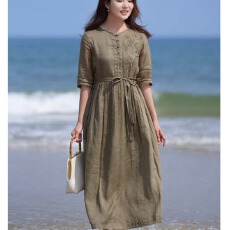 批发非实拍2026夏高档刺绣<b class='q'>连衣裙</b>收腰系带显瘦文艺大摆棉麻旅行