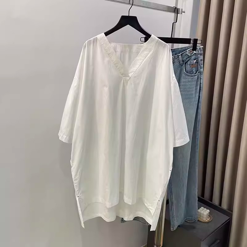봄 여름 새로운 넓고 넓은 미니멀리즘 일본식 여성 의류 빅 브이 넥 루즈핏 순면 청소 화이트 대 셔츠