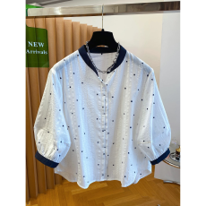 批发3930高级感白色波点衬衫女2026新款宽松减龄洋气小衫5分袖上衣