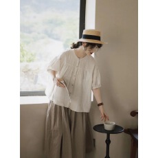 批发森系上衣女复古褶皱娃娃衫日系棉麻半袖<b class='q'>衬衫</b>甜美可爱<b class='q'>衬衣</b>