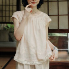 批发棉麻小衫圆领镂空绣花上衣夏女