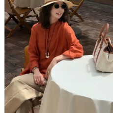 批发橙时棉麻上衣复古条纹衬衫百搭上衣女早秋新款设计感
