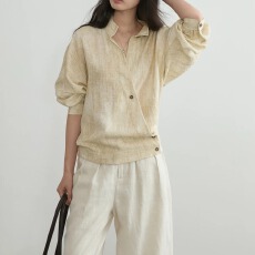 批发4020<b class='q'>秋</b>季晕染含亚麻落肩斜襟慵懒立领长袖老钱风衬衫上衣女