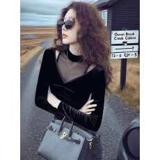 批发黑色<b class='q'>衬衫</b>女冬高级感轻奢减龄洋气独特超好看法式网纱拼接丝绒上衣