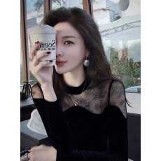 批发韩系性感蕾丝拼接黑色<b class='q'>长袖</b>打底衫女秋季新款修身显瘦高级感上衣潮