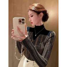 批发加绒加厚网纱拼接半高领<b class='q'>长袖</b>t恤上衣冬季设计感亮丝<b class='q'>打底衫</b>女内搭