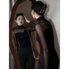 批发春秋纯欲辣妹网纱拼接系带收腰高领打底衫女内搭修身长袖t恤上衣