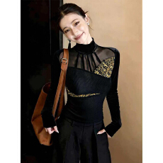 批发高领打底衫女秋冬设计感<b class='q'>不规则</b>网纱拼接黑色性感微透内搭长袖上衣