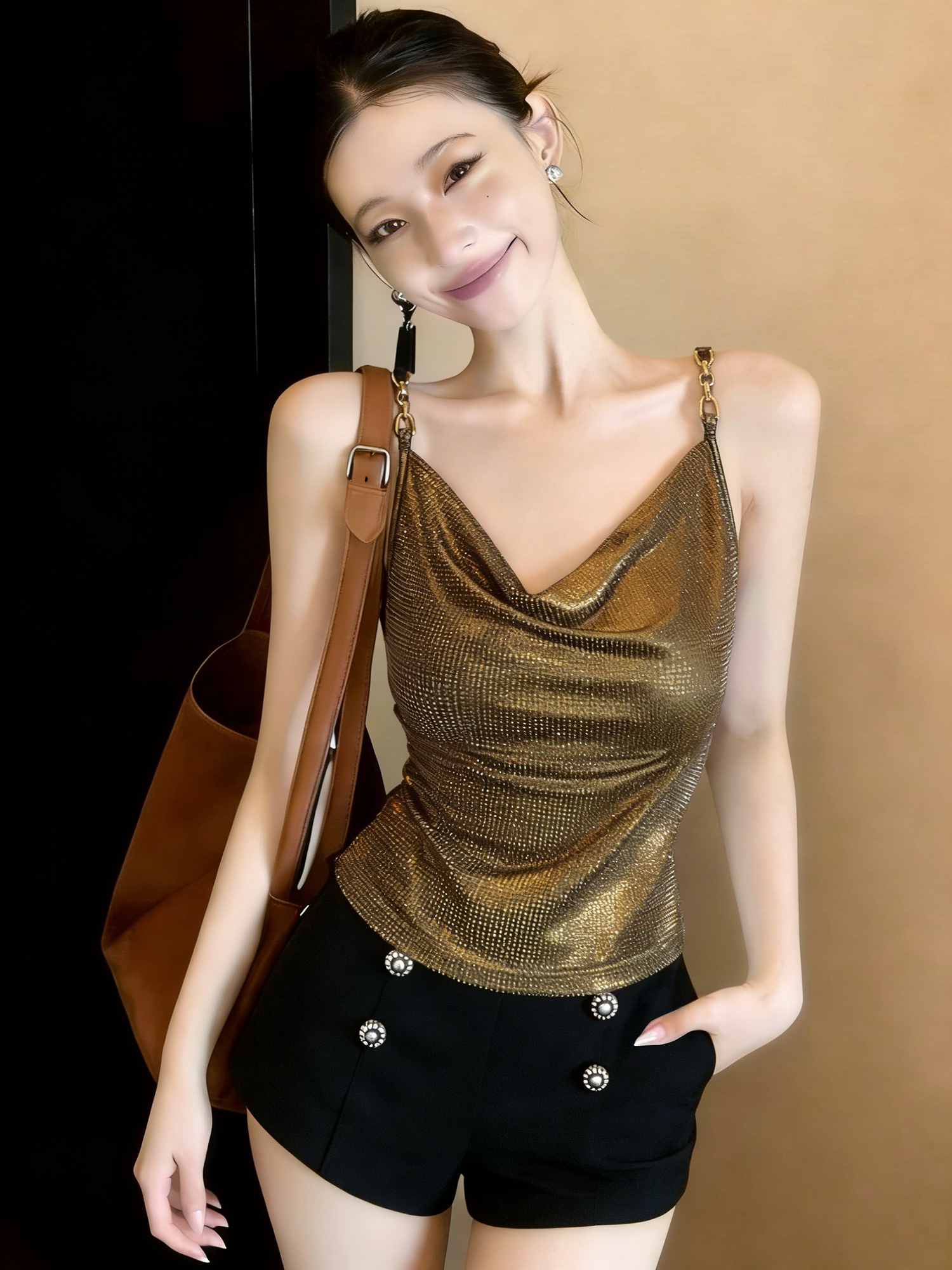 RY2015# 2026春季时装链条吊带背心烫钻T恤打底