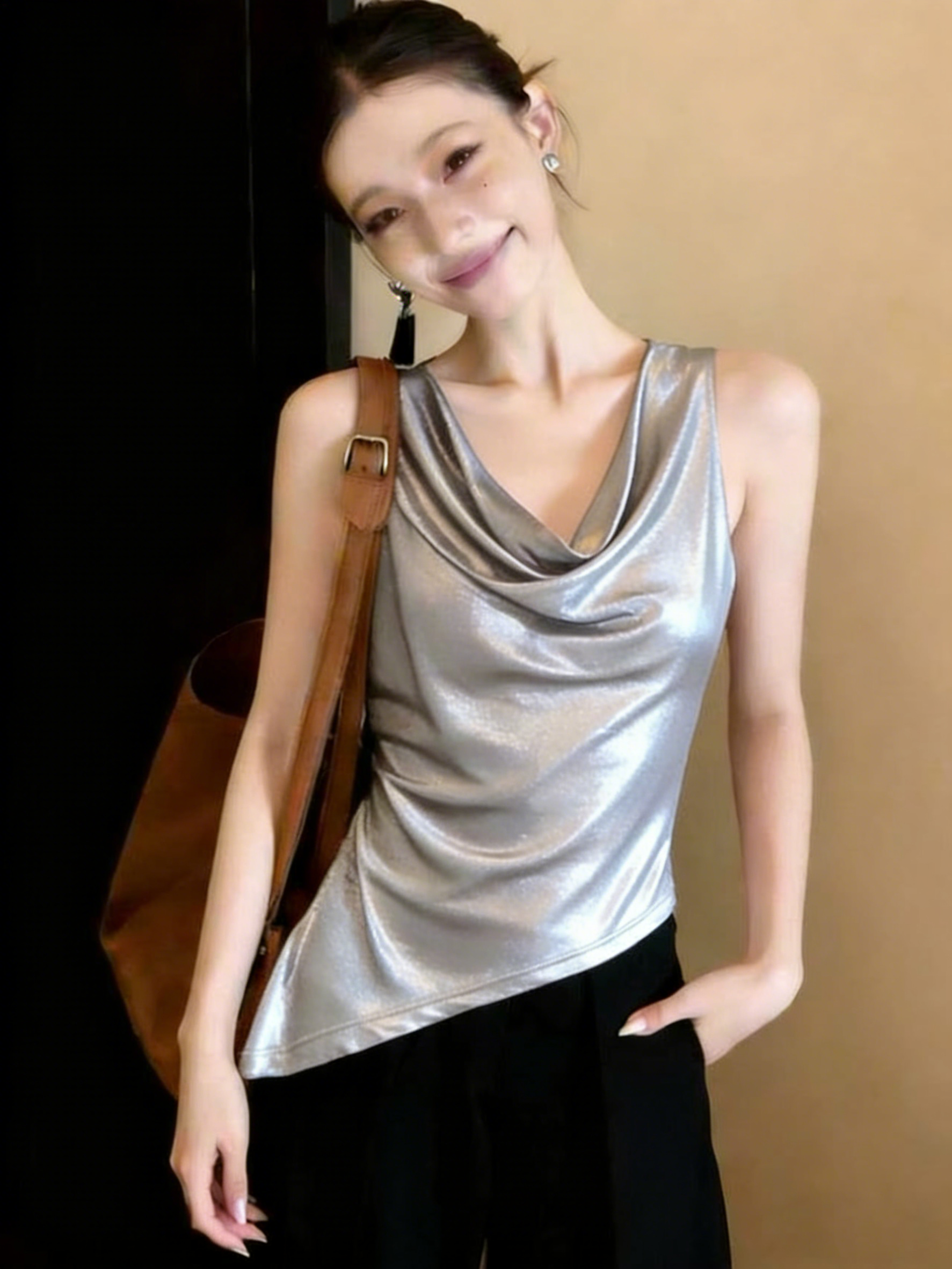 RY2012# 法式轻奢v领吊带背心女外穿独特辣妹不规则修身显瘦无袖上衣夏...