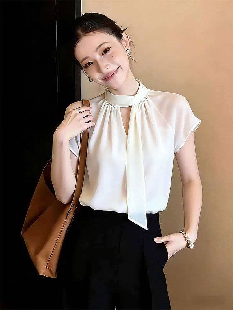 RY2010# 轻熟优雅风白色飘带衬衫女夏季2026新款短袖通勤百搭显瘦气...