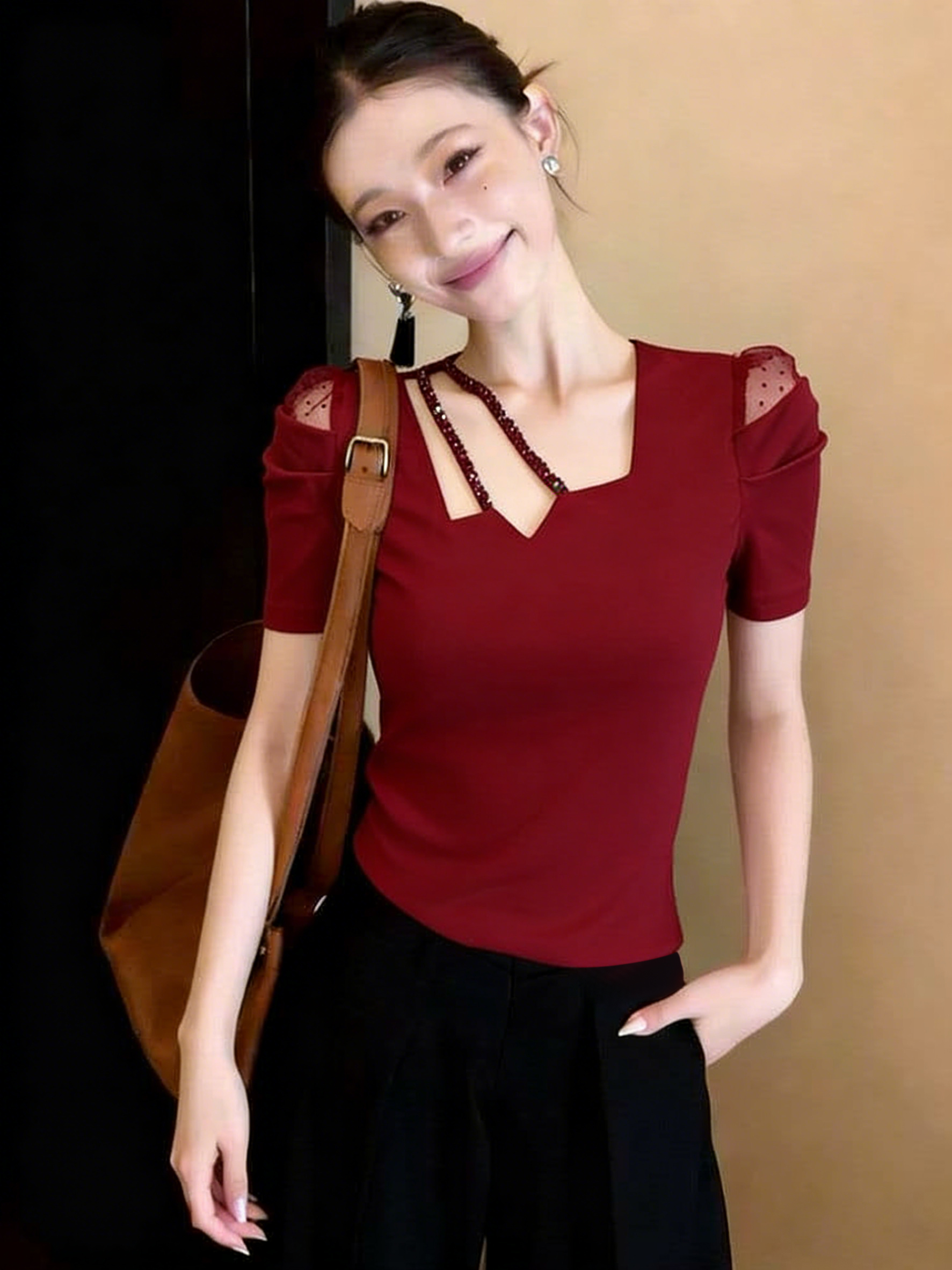 RY2009# 欧洲站2026年新款不规则t恤女镂空钉珠上衣高端时尚夏装修...