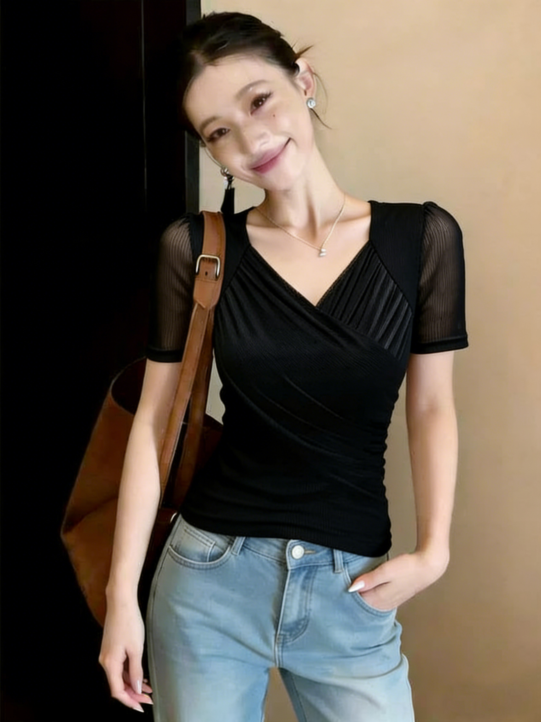 RY2008# 2026年夏季新款时尚网纱V领交叉T恤女短袖洋气设计感上衣...