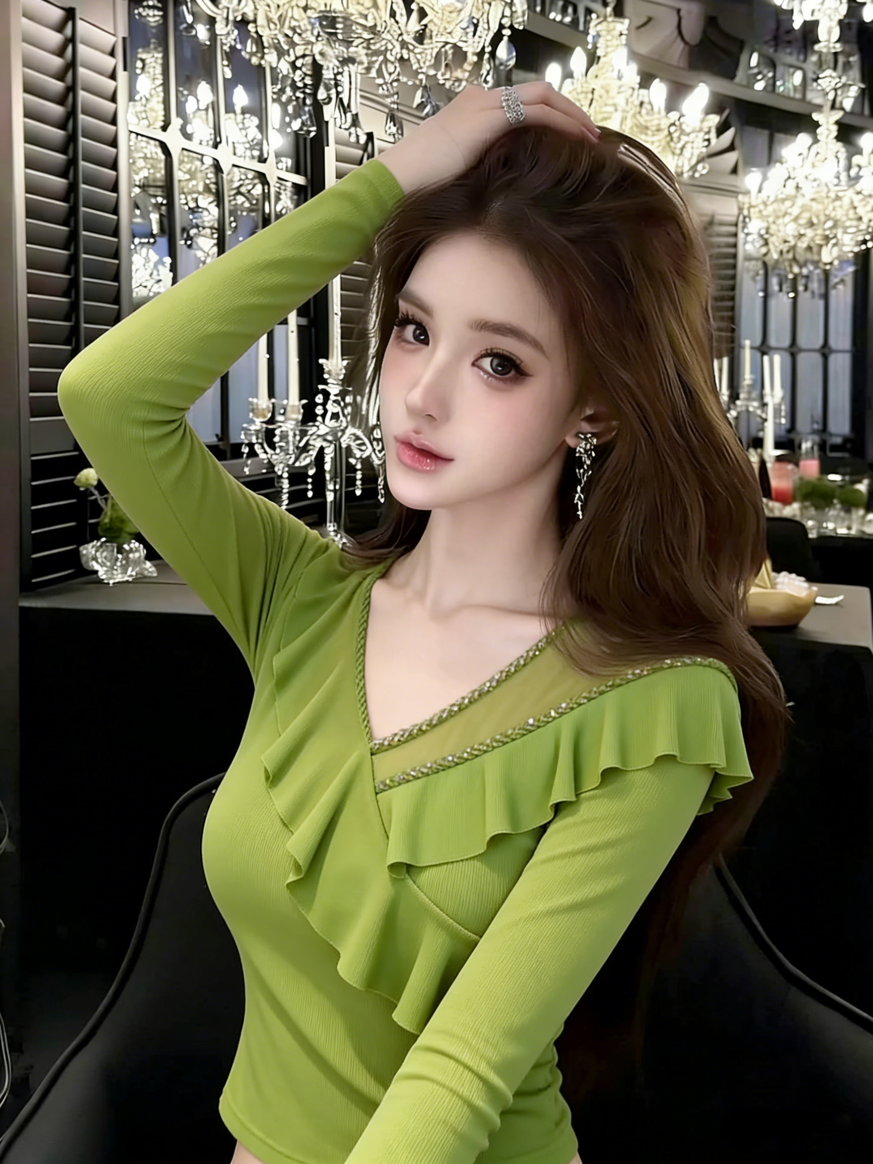 RY2016# 果绿镶钻荷叶边V领长袖T恤 显白显瘦温柔上衣