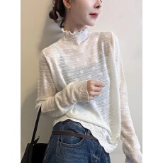 批发<b class='q'>欧洲站</b>2025秋冬<b class='q'>新款</b>甜美韩系小立领薄款微透蕾丝钩花羊毛打底衫潮