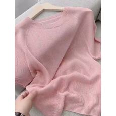 批发粉色薄款针织<b class='q'>短袖</b><b class='q'>T</b><b class='q'>恤</b><b class='q'>女</b>夏季新款圆领冰丝宽松清纯系松弛感上衣