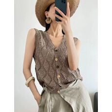 批发亚麻和纸纱~夏季薄款<b class='q'>镂空</b>针织<b class='q'>开衫</b>无袖V领背心上衣女复古钩花马甲