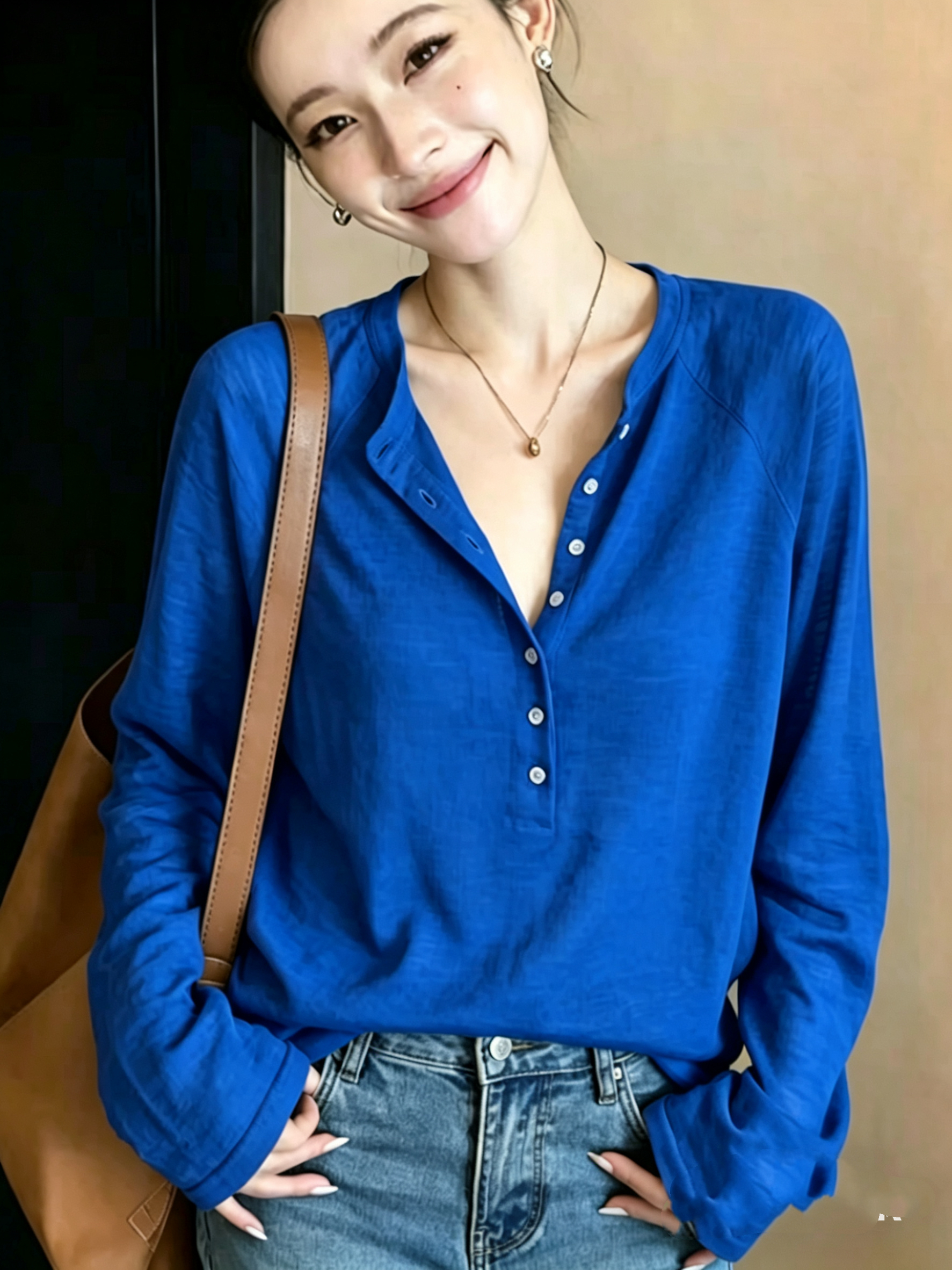 한 부서 품격 V넥 얇은 스타일 티셔츠 여성 2026 봄 빅 사이즈 지방 mm 다용도 긴팔 자외선 차단 기본 셔츠 맨위