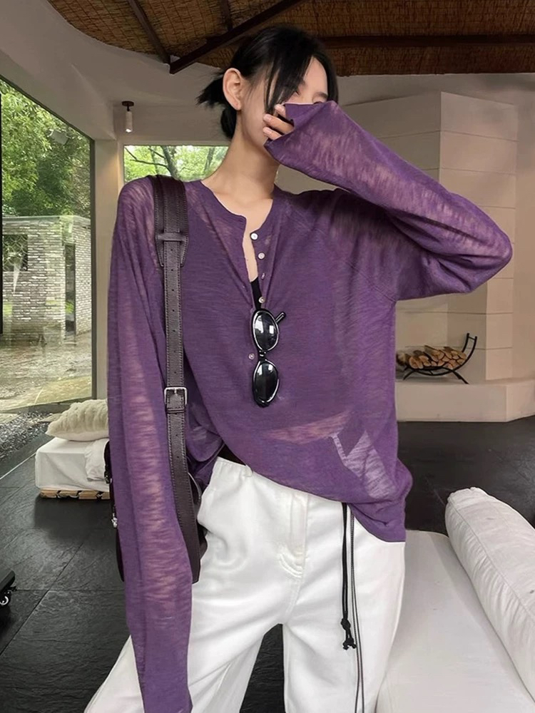 한 부서 보라색 반 개방 칼라 주간 실크 긴팔 티셔츠 여성 여름 얇은 스타일 느긋한 바람 자외선 차단 블라우스 고급 센스 맨위