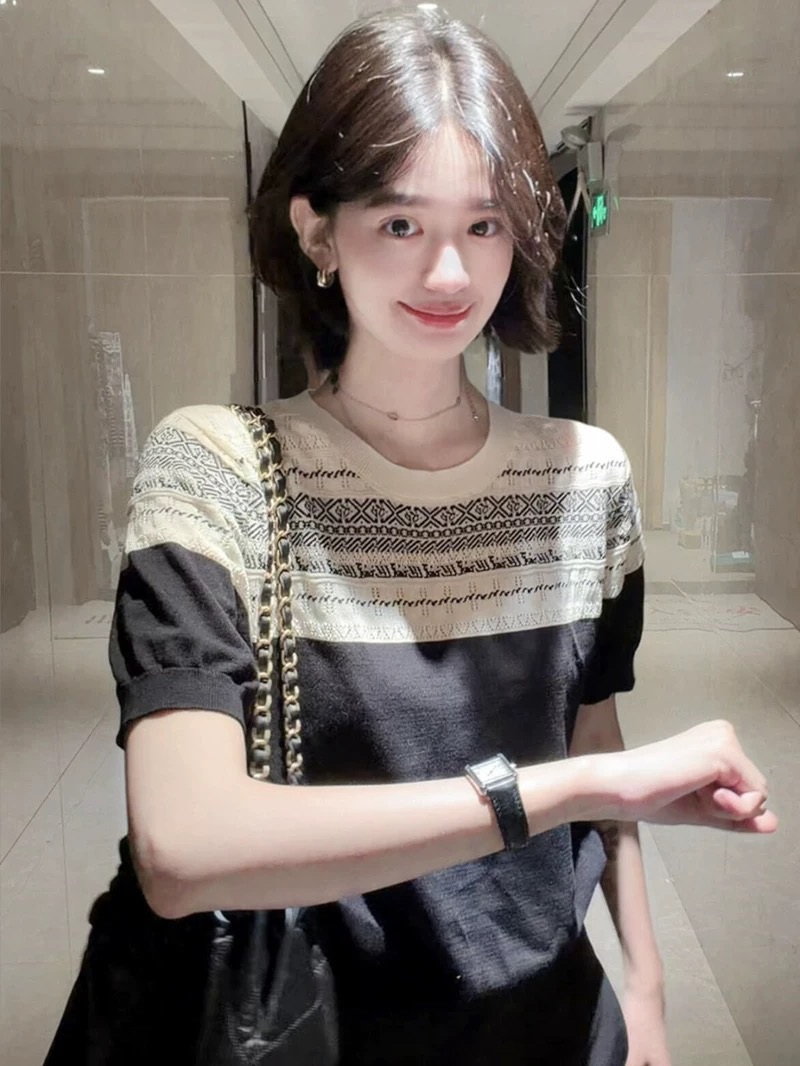 고급 프랑스식 사소한 자카드 얼음 실크 니트 반팔 티셔츠 여성 여름 얇은 스타일 동정 아니요 명중 섹션 긍정적 인 어깨 의류