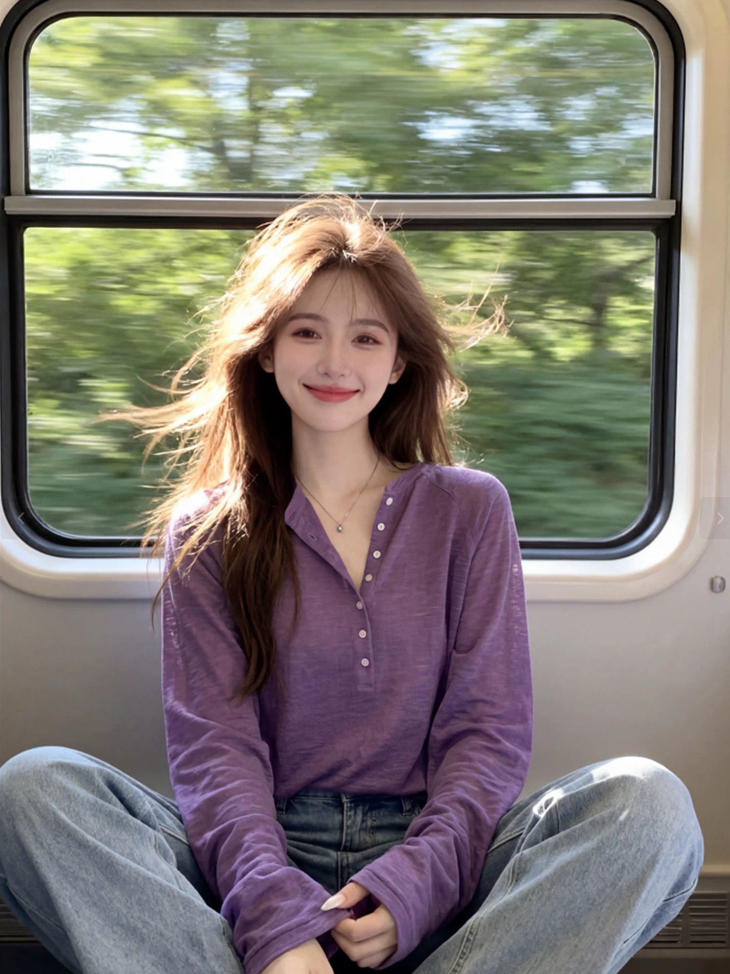 작은 키 보라색 헨리 칼라 긴팔 니트 블라우스 여성 여름 Tulle 외부 가져 가라. 느긋한 바람 루즈핏 자외선 차단 맨위