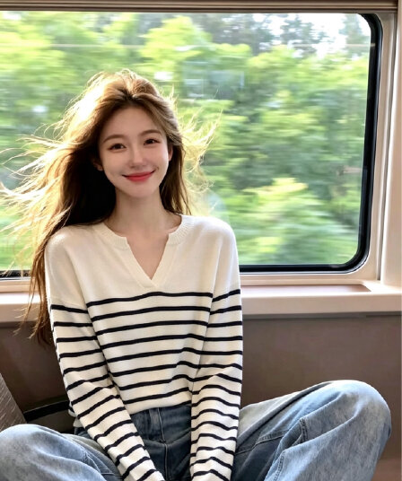 부드러운 부서 한국 스타일 느긋한 바람 V넥 그리고 종이 실 스트라이프 니트 스웨터 여성 여름 루즈핏 슬림해 보이는 출퇴근 품격