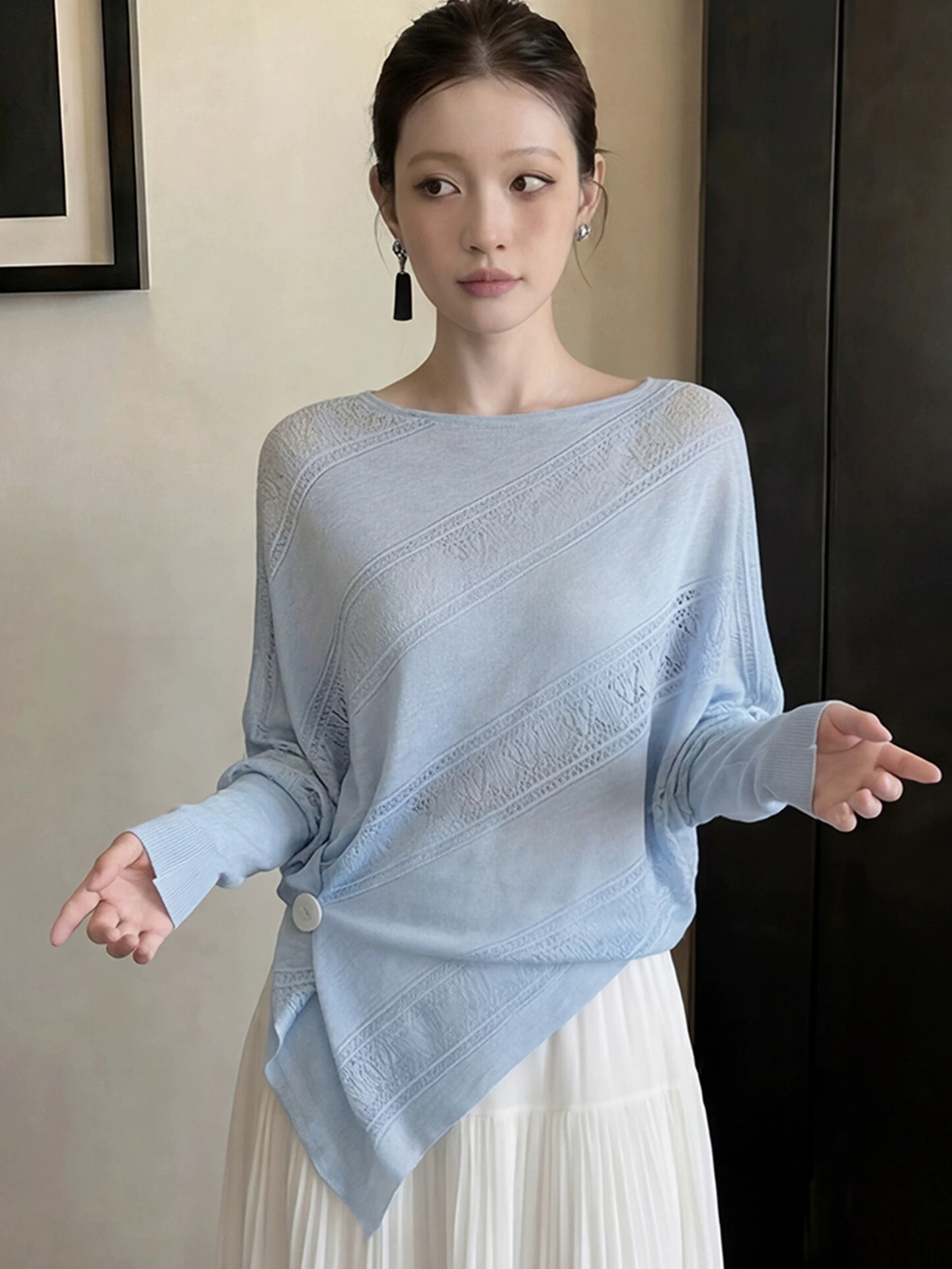 여름 얇은 스타일 외부 가져 가라. 느긋한 루즈핏 주간 실크 긴팔 에어컨 셔츠 맨위 여성 Tulle 얼음 실크 자외선 차단 니트 블라우스