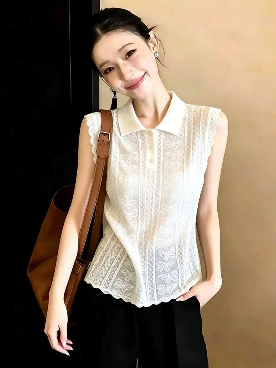 여름 새로운 패션 외출용 고유 한 폴로 칼라 조끼 맨위 여성 프랑스식 고급 센스 레이스 화이트 민소매 티셔츠